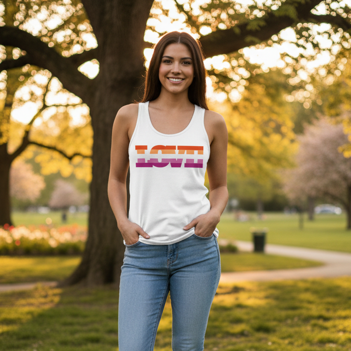 Lesbian Love Unisex Tank Top with “LOVE” in bold orange, pink, and purple stripes