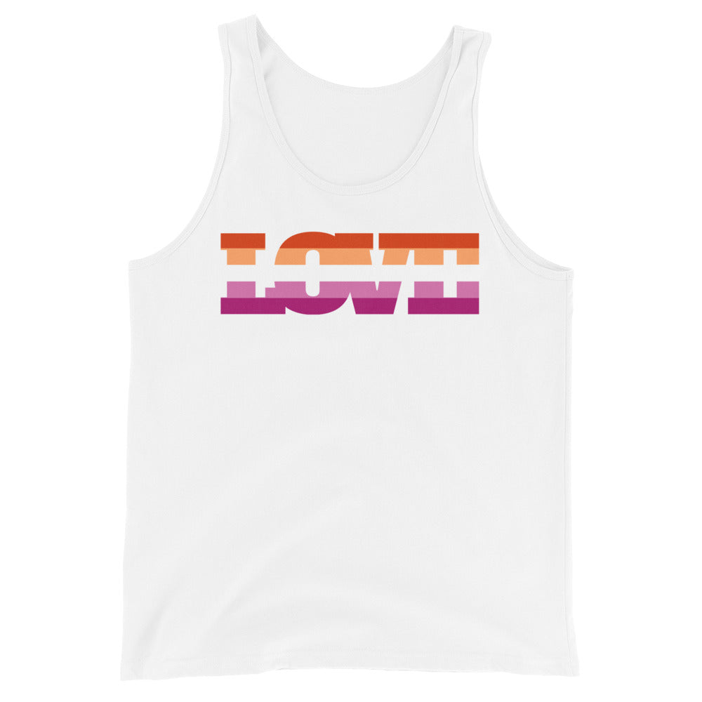 Unisex tank top with "LOVE" in bold uppercase, striped orange, red, and purple gradient for lesbian pride