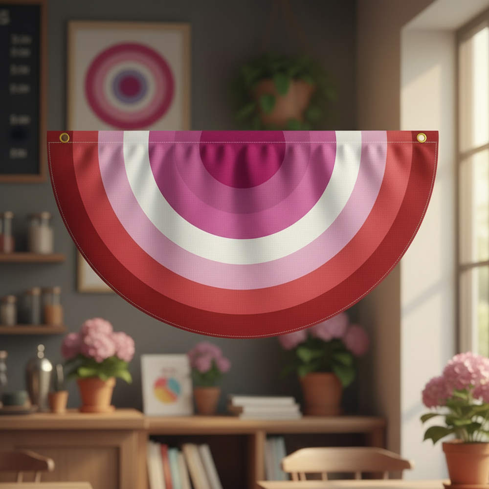 Lesbian pride flag bunting with curved red, pink, and white stripes indoors