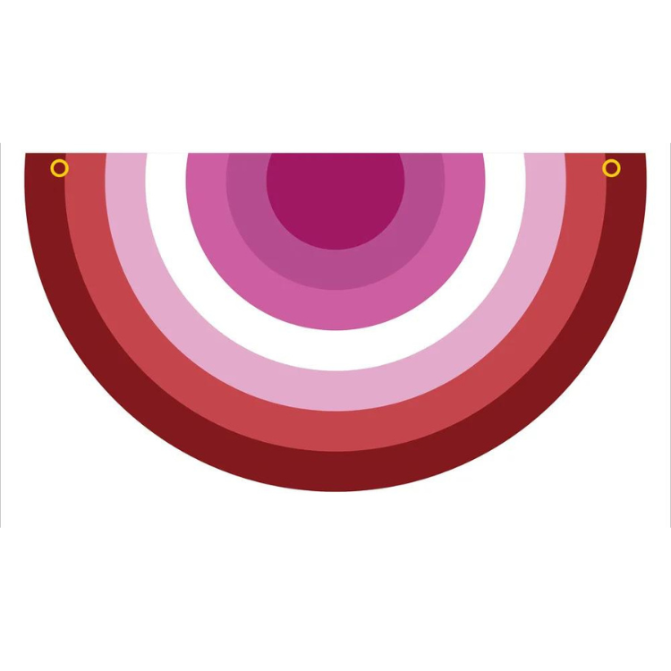 Half-circle lesbian pride bunting with concentric pink, white, and red stripes and two yellow eyelets