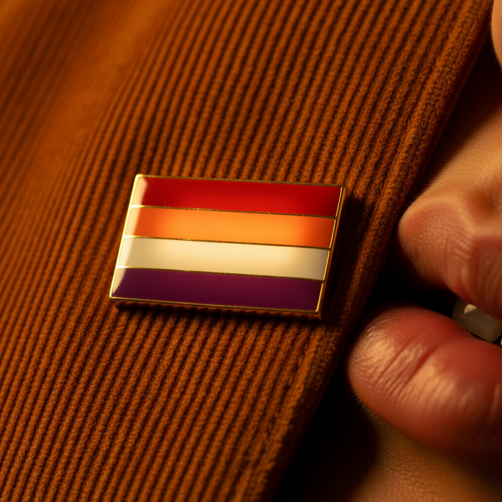 Close-up of a lesbian pride flag enamel pin on brown corduroy, held by fingers