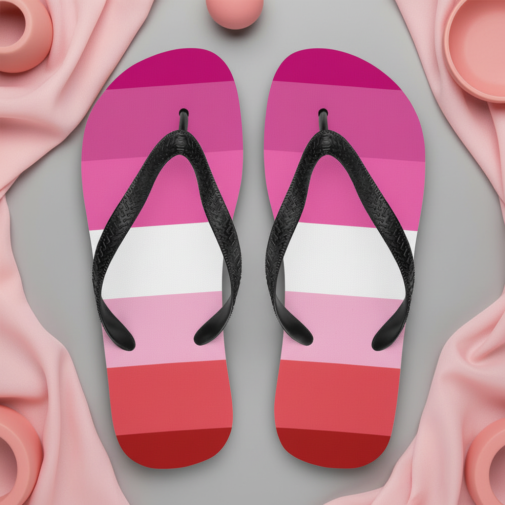 Lesbian Pride flip-flops with black straps and soles, decked in red, pink, and white flag stripes