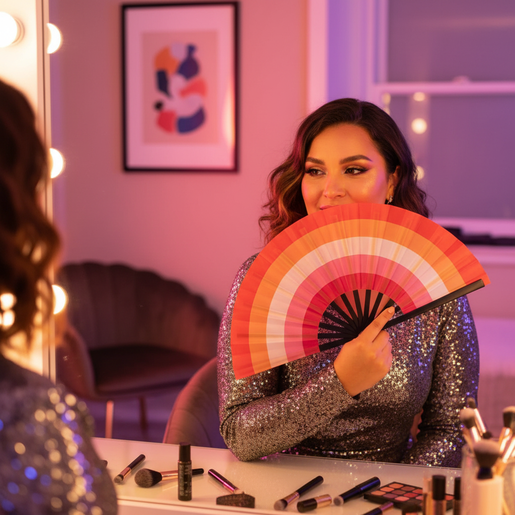 A person in a sparkly silver dress sits at a vanity, holding a Lesbian Pride folding fan over their mouth