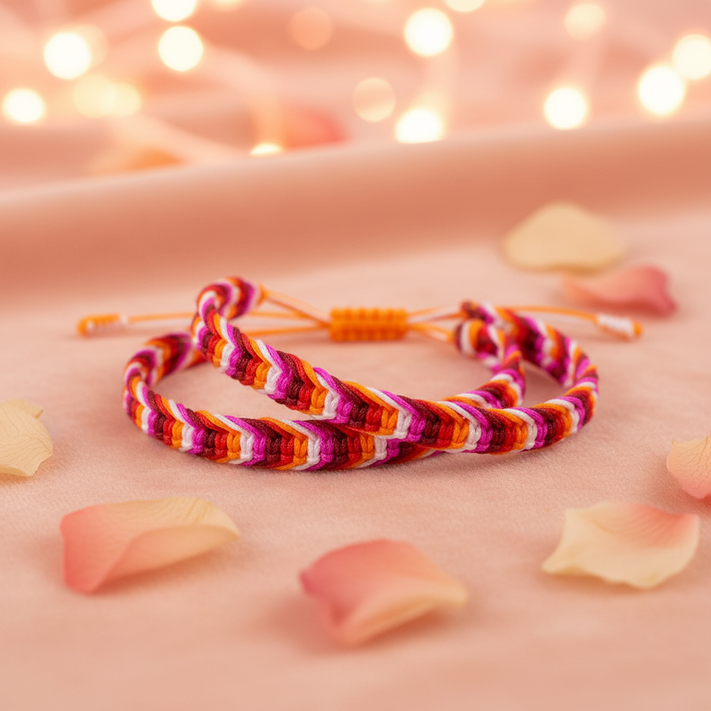 Two multicolored braided friendship bracelets arranged on a pink surface with scattered petals