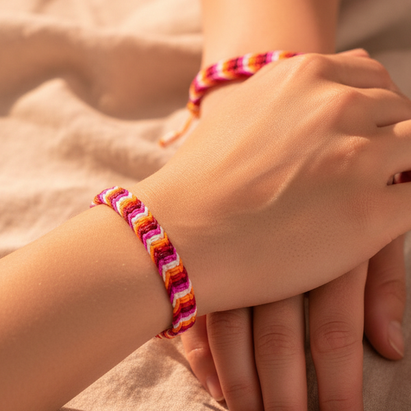 Close-up of two hands wearing matching pink, orange, red, and white woven bracelets