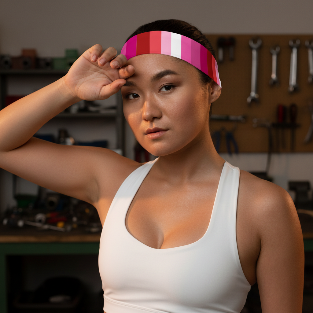 Lesbian Pride Headband with classic flag colors worn by a person in a white sports top