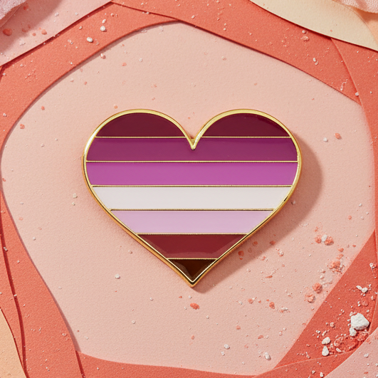 Lesbian pride heart enamel pin with pink, white, and burgundy horizontal stripes