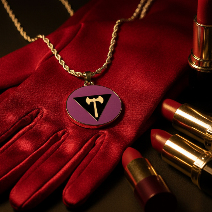 Lesbian Pride Pendant Necklace on red satin glove with a gold chain featuring a purple pendant