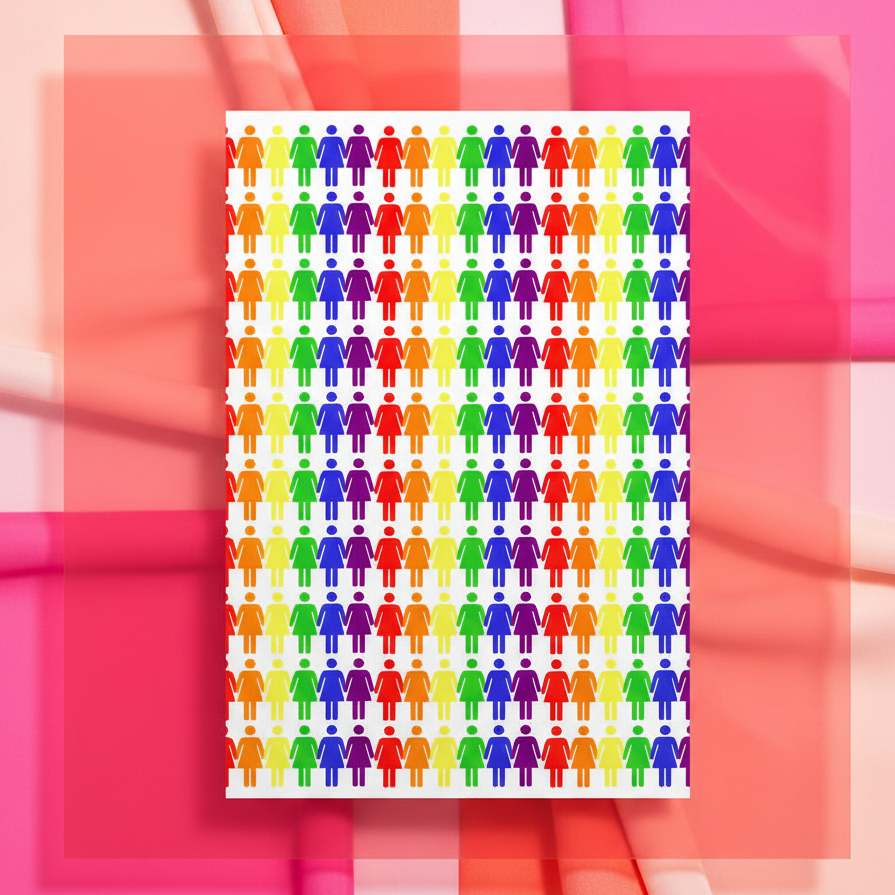 Lesbian Pride postcard with rows of red, blue, green, orange, and purple stick figures on white, layered with pink, red