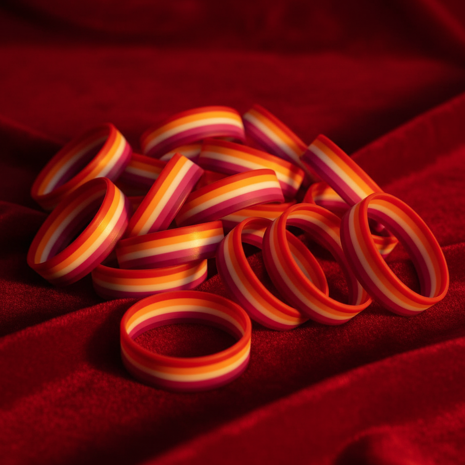 Pile of striped rubber wristbands on red fabric, viewed from above at an angle