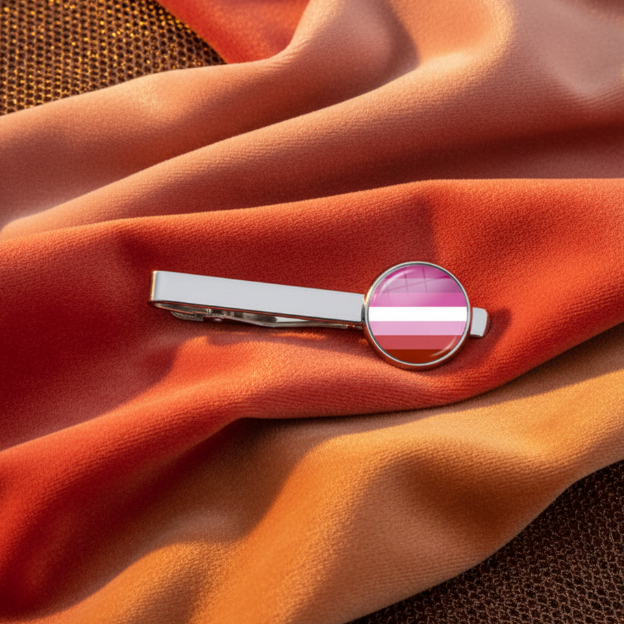 Lesbian Pride Tie Clip with a silver finish and round lesbian flag emblem, set on orange, peach, and gold silky fabric