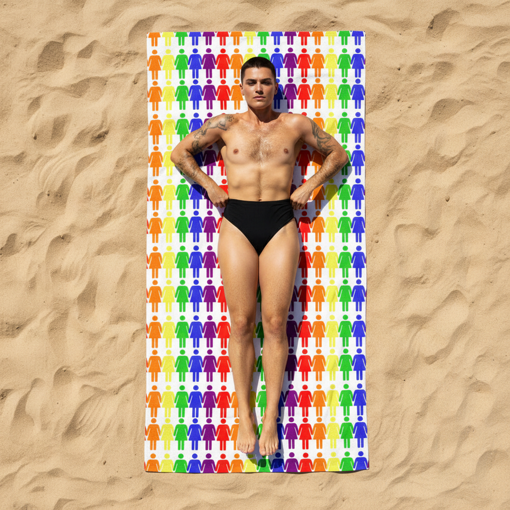 Lesbian Pride beach towel with rainbow human figure icons on sand, a tattooed person in black swim briefs lies flat
