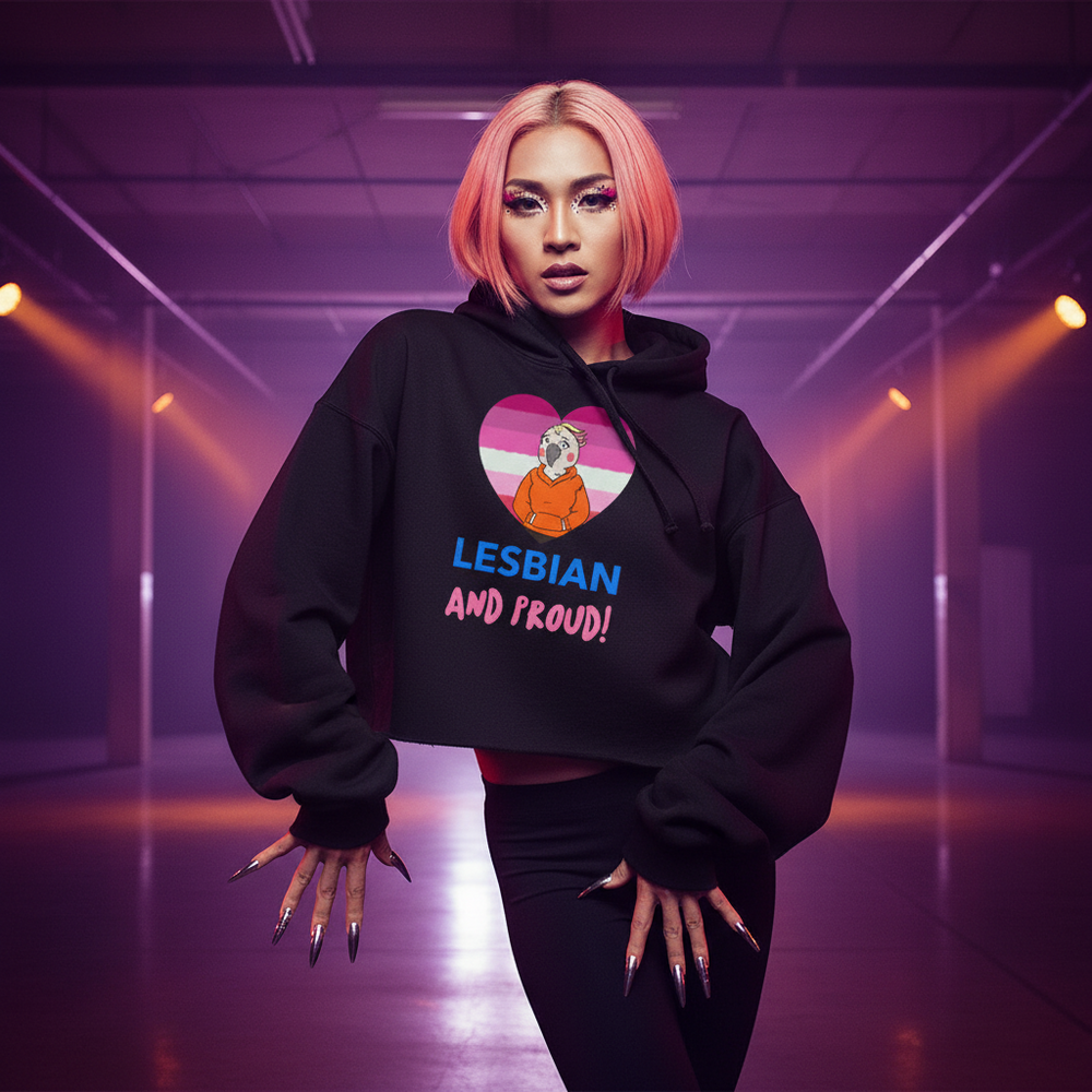 Lesbian And Proud crop hoodie with heart, cartoon woman, and “LESBIAN AND PROUD!” slogan; bold purple-orange pride lighting.