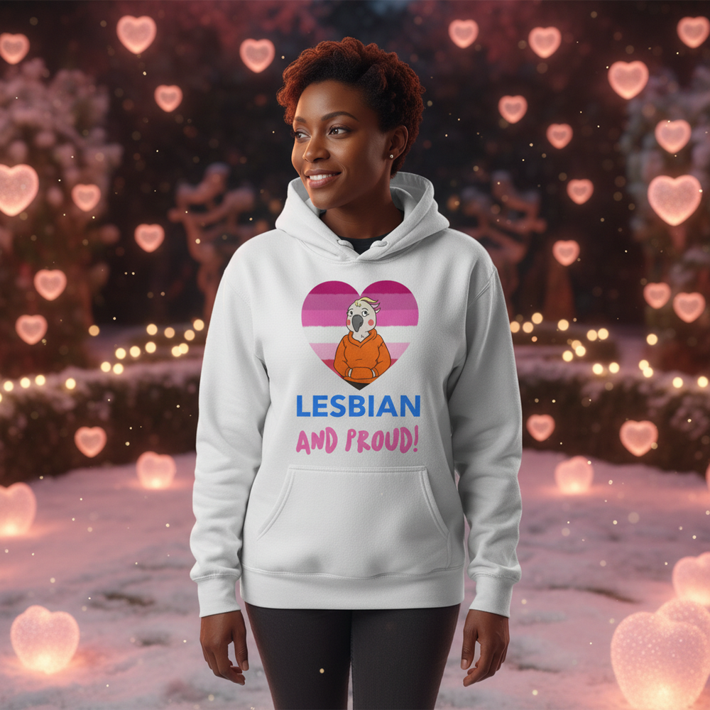 Person modeling a light gray hoodie reading “LESBIAN AND PROUD!” with a heart graphic