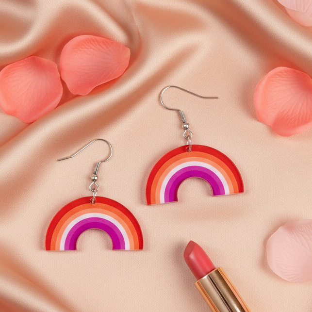 Two rainbow arch dangle earrings on peach satin with rose petals and lipstick