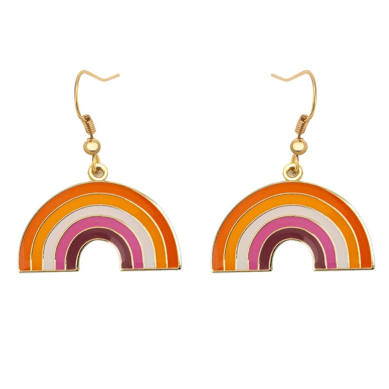 Pair of gold-tone rainbow arch earrings with orange, pink, cream, and burgundy bands