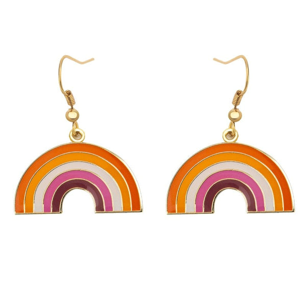 Pair of gold-tone rainbow arch earrings with orange, pink, cream, and burgundy bands