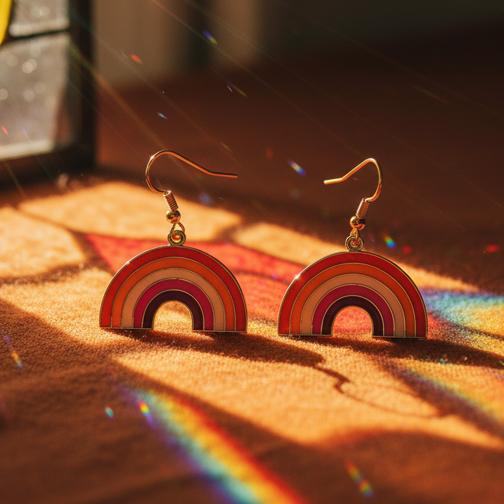 Pair of gold-tone rainbow arch drop earrings on a sunlit patterned cloth