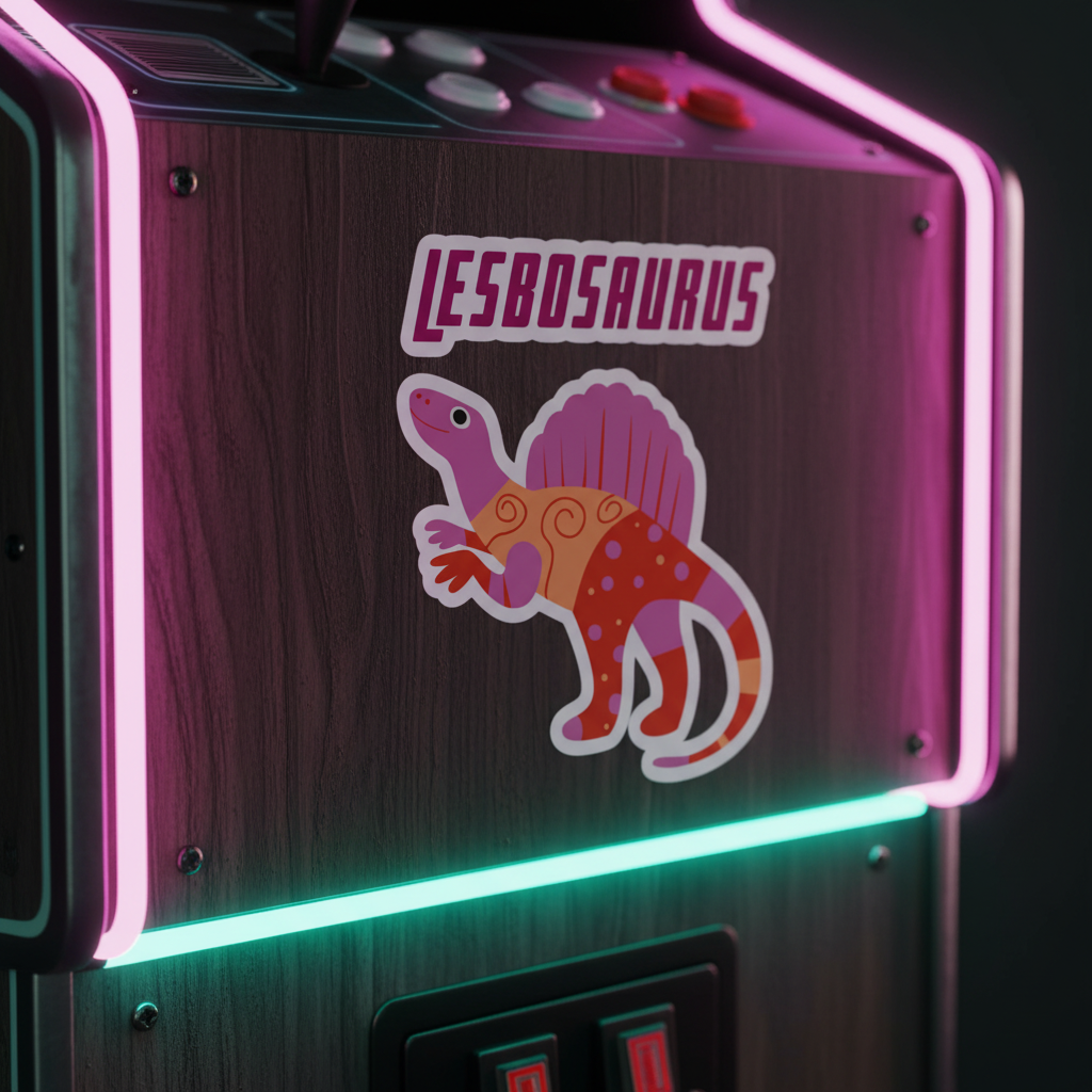 Lesbosaurus Bubble-Free Sticker pops on a retro arcade machine with wood grain