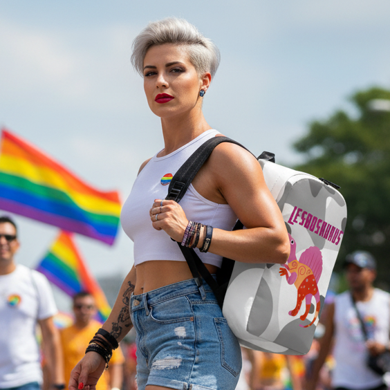 Lesbosaurus Minimalist Backpack worn by a person with short silver hair, white crop top, denim shorts at a pride parade