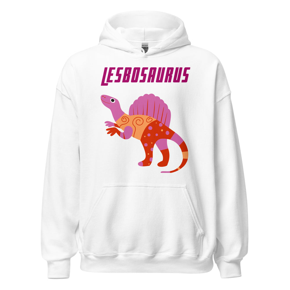 Unisex white hoodie with a soft feel, featuring a cartoon dinosaur with a bold purple sail and "LESBOSAURUS" pride text on