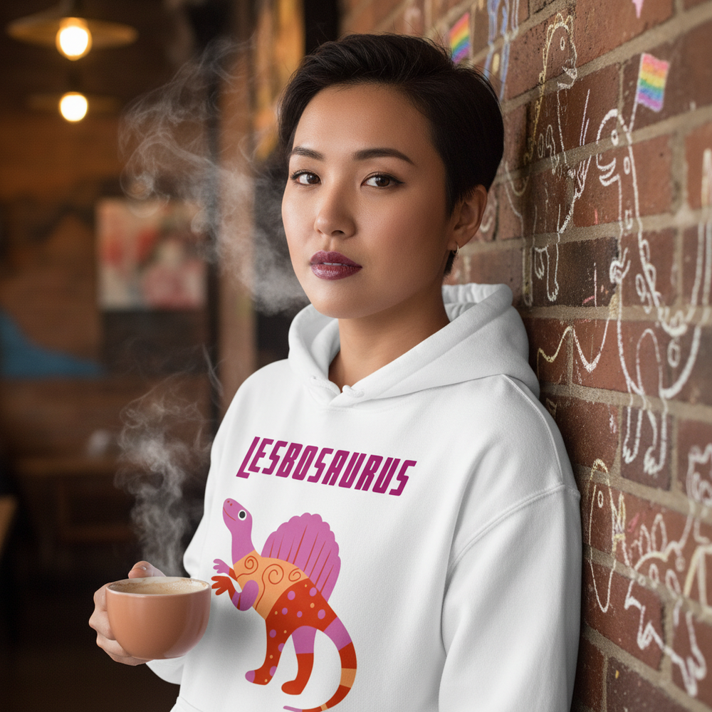 Person in a white Lesbosaurus hoodie with a colorful dinosaur, holding a coffee in a café