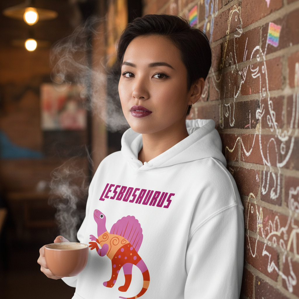 Person in a white Lesbosaurus hoodie with a colorful dinosaur, holding a coffee in a café