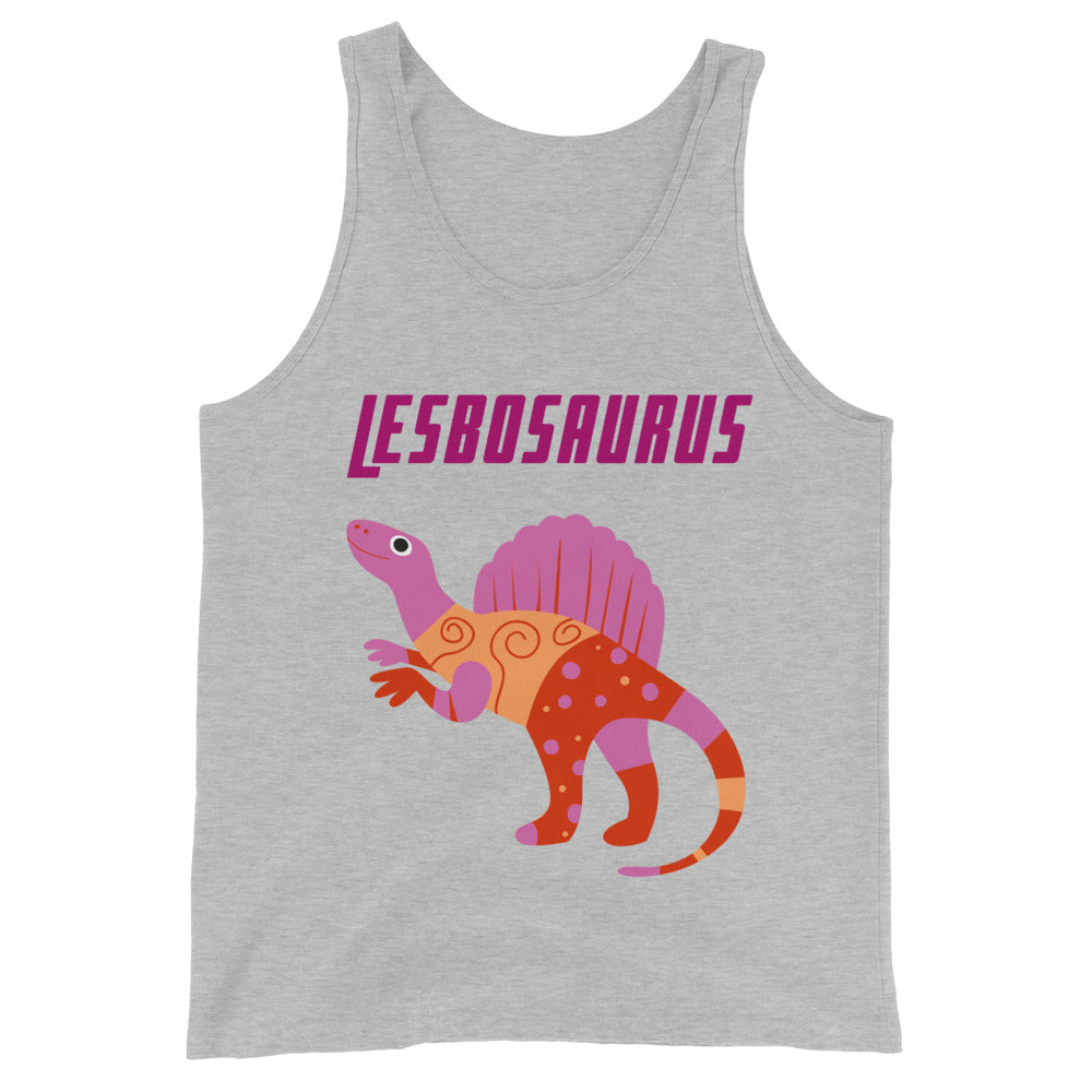 Front view of a gray tank top reading “LESBOSAURUS” above a colorful dinosaur