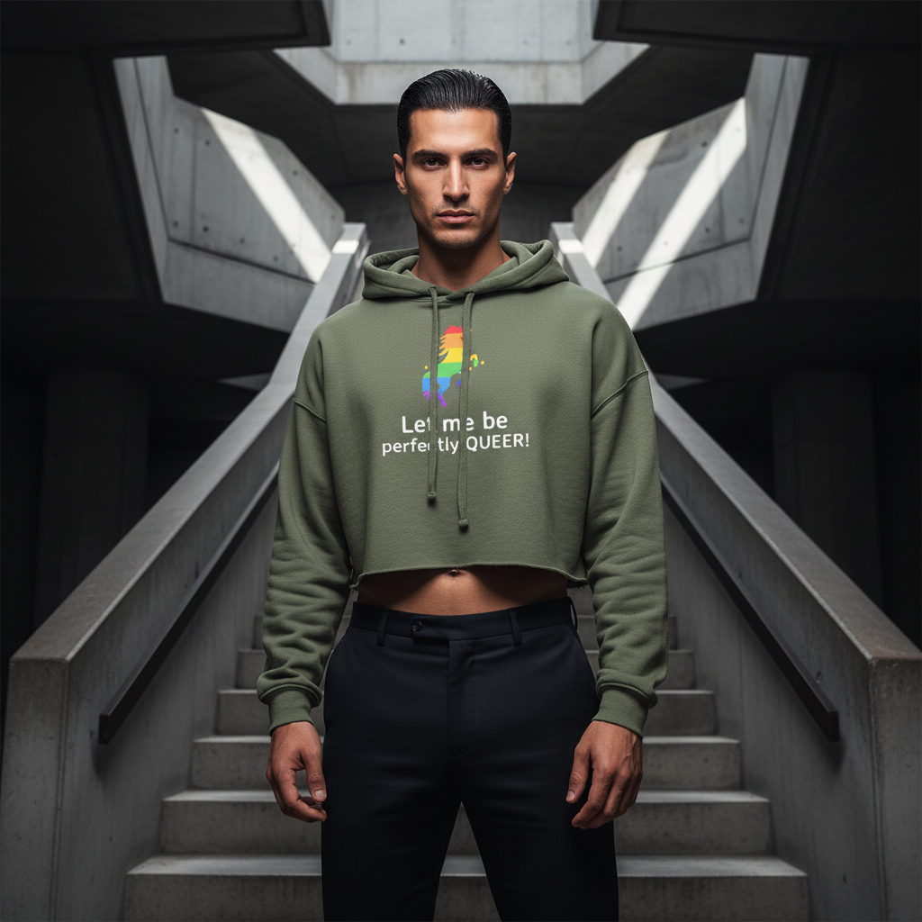 Let Me Be Perfectly Queer crop hoodie with a rainbow brain and bold "Let Me Be Perfectly Queer" text
