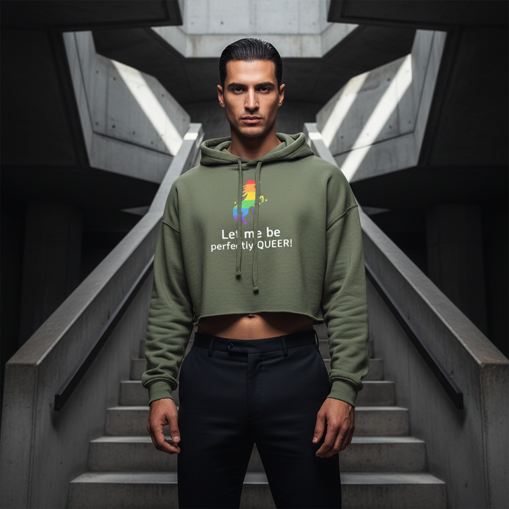 Let Me Be Perfectly Queer crop hoodie with a rainbow brain and bold "Let Me Be Perfectly Queer" text