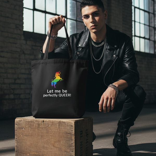 Person in a black leather jacket holds a black tote reading “Let me be perfectly QUEER!”