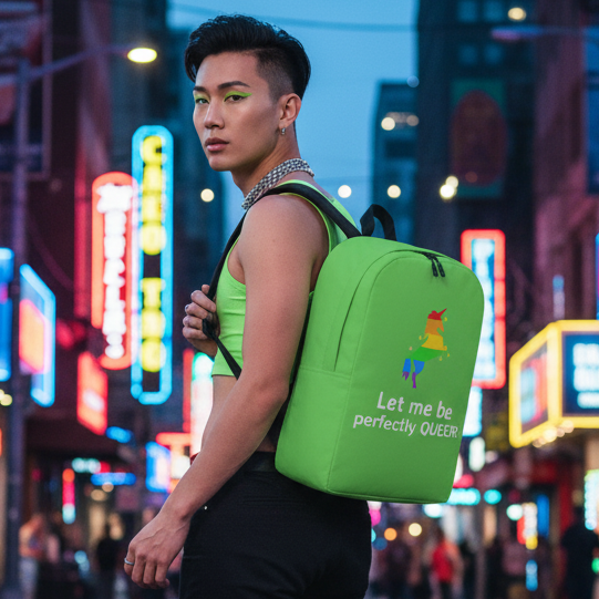 Let Me Be Perfectly Queer Minimalist Backpack with rainbow unicorn and “Let me be perfectly QUEER!” slogan, silver necklace