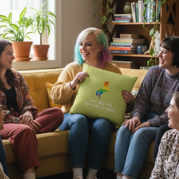 Five friends on a yellow couch; center person holds “Let Me Be Perfectly Queer” pillow with rainbow bird