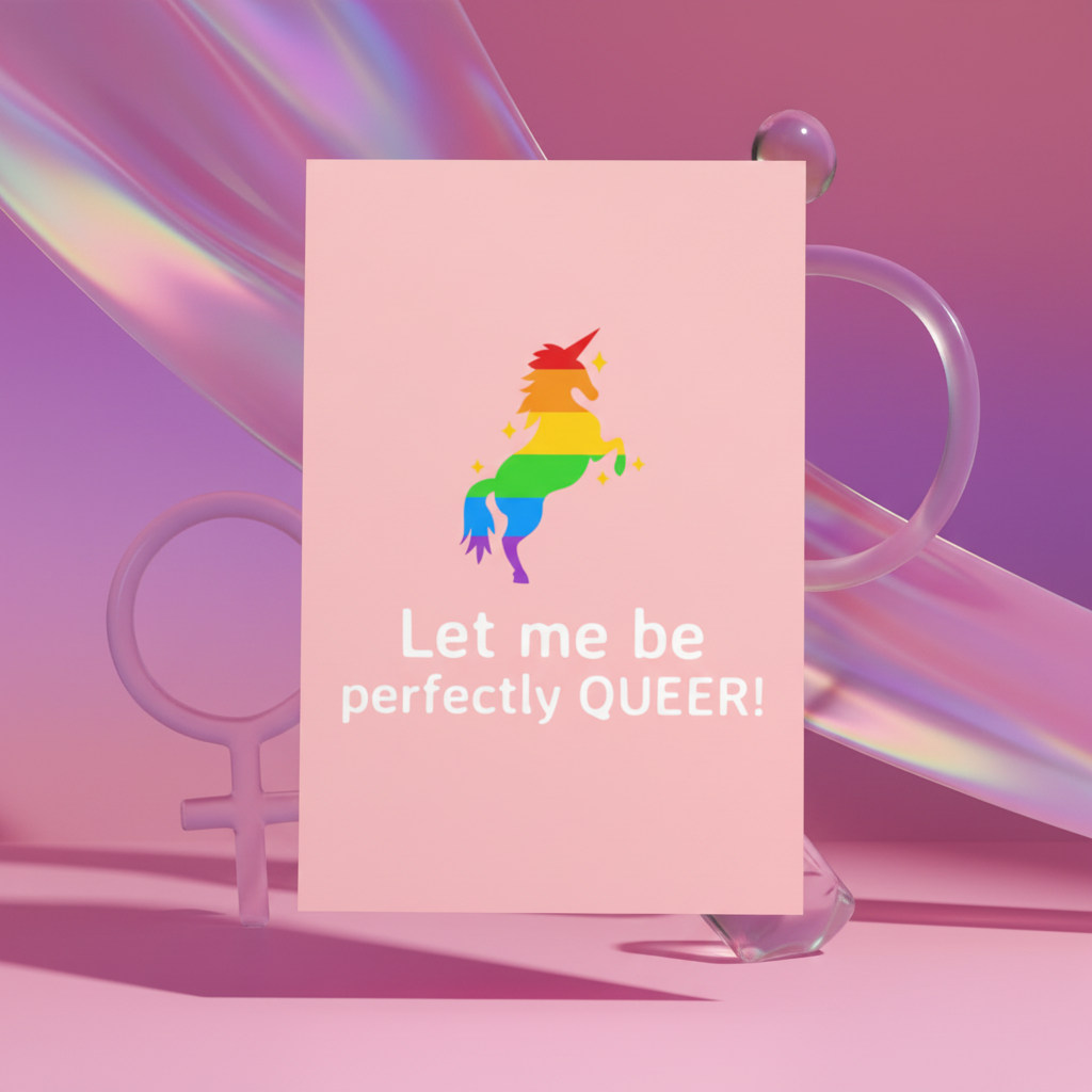 Let Me Be Perfectly Queer Postcard with a pink backdrop, rainbow unicorn