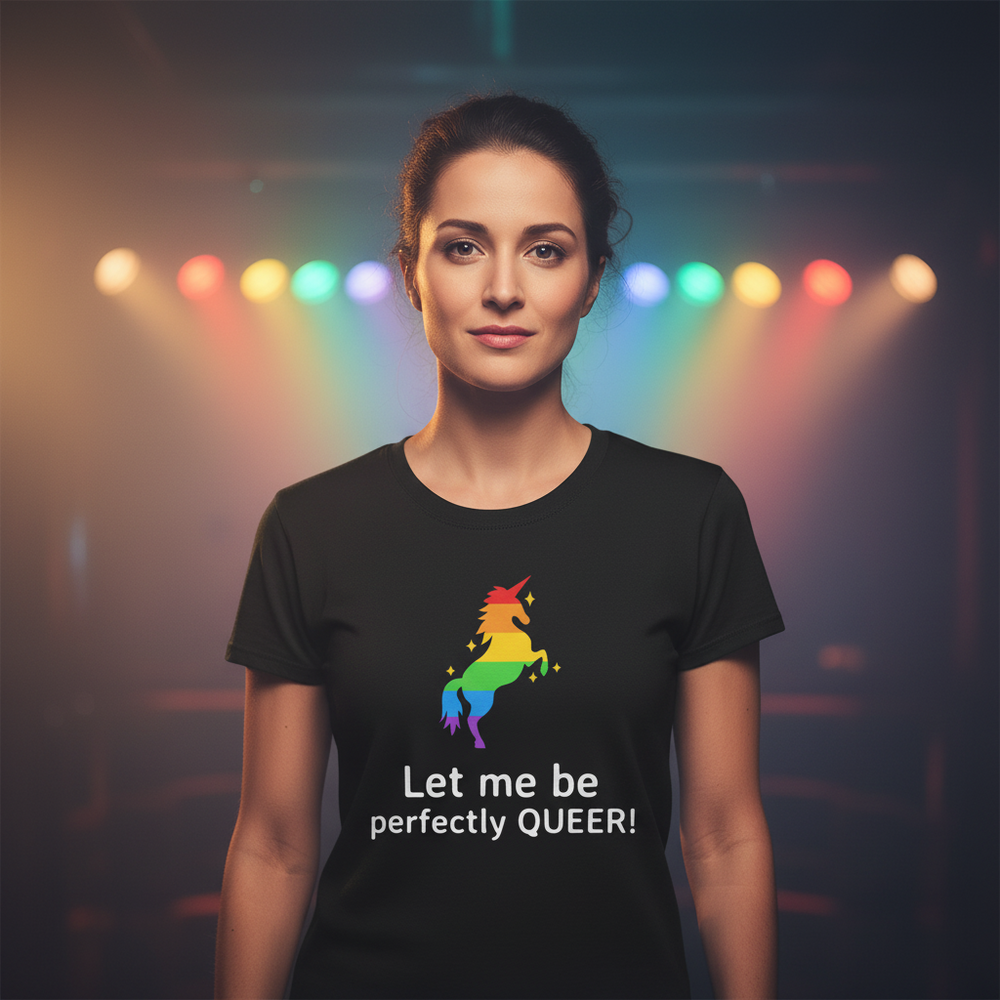 Unisex cotton T-shirt reading "Let Me Be Perfectly Queer" in bold, rainbow unicorn graphic