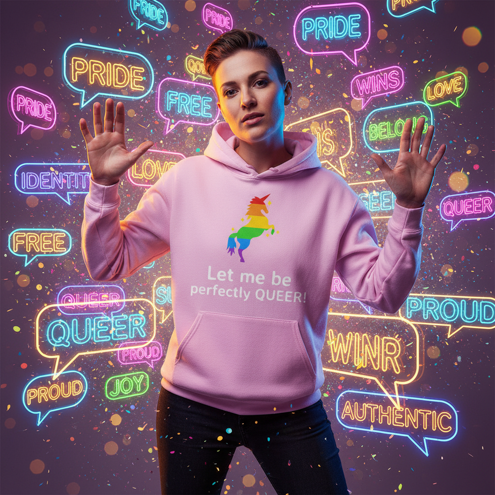Person joyfully poses in a Let Me Be Perfectly Queer Unisex Hoodie, featuring a rainbow unicorn and empowering slogan