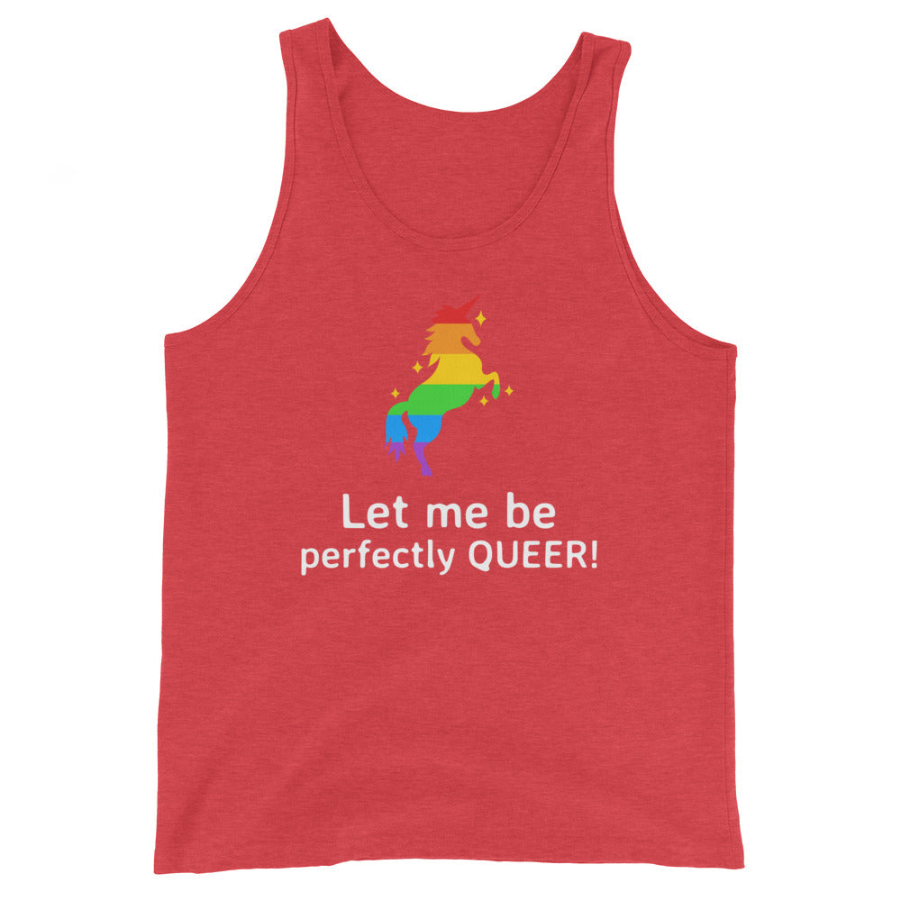 Unisex tank top featuring a rainbow-stripe unicorn with yellow horn, red mane and tail