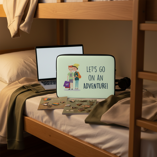 Mint green neoprene Let's Go On An Adventure laptop sleeve with a cute cartoon couple and the quote