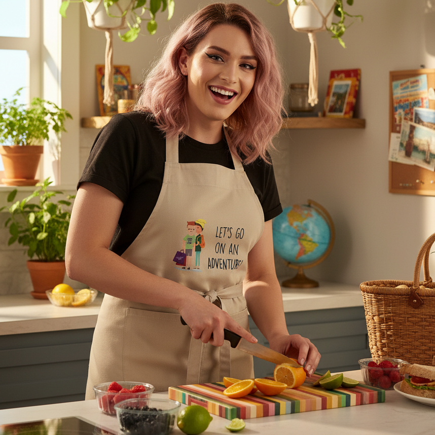 Person slicing an orange while wearing a beige apron with an adventure illustration and text