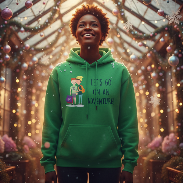 Smiling person models a green hoodie reading “LET'S GO ON AN ADVENTURE!”