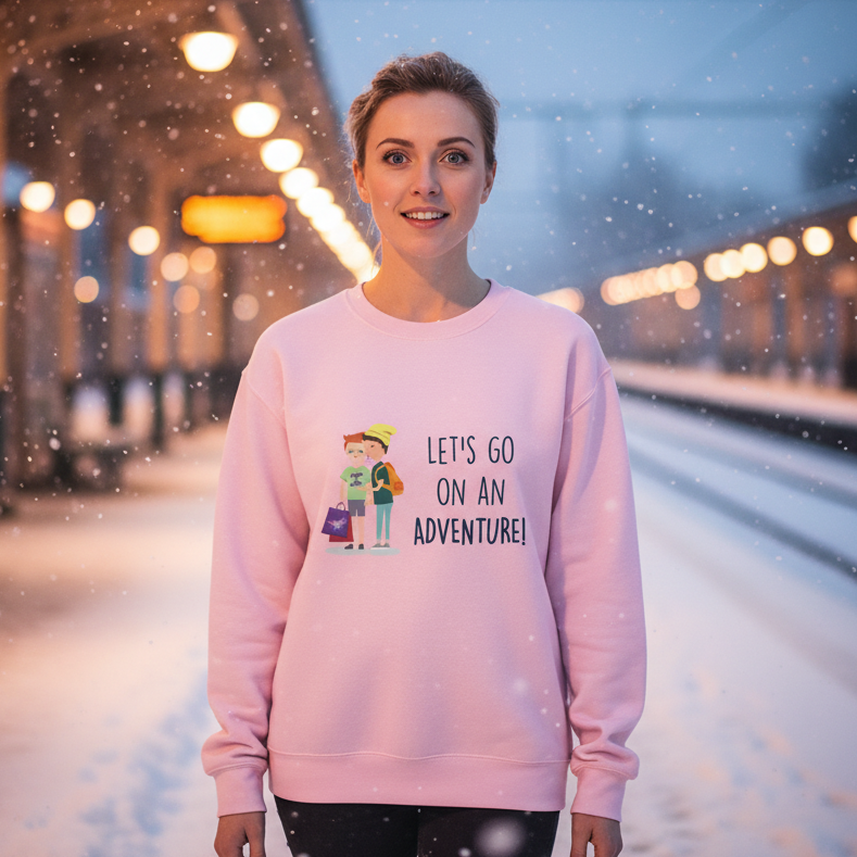 Person wearing a pink sweatshirt reading “LET'S GO ON AN ADVENTURE!” in falling snow