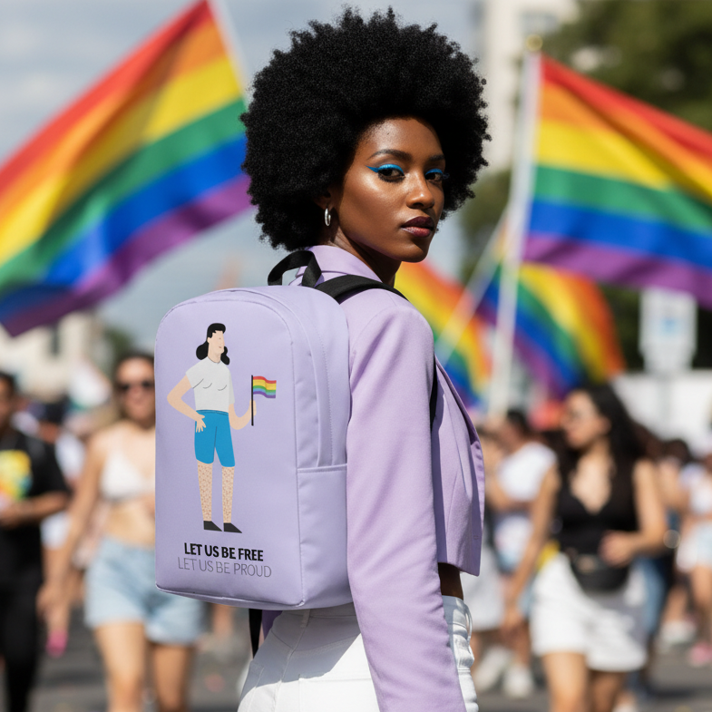Let Us Be Free Let Us Be Proud Minimalist Backpack with person holding rainbow flag at parade