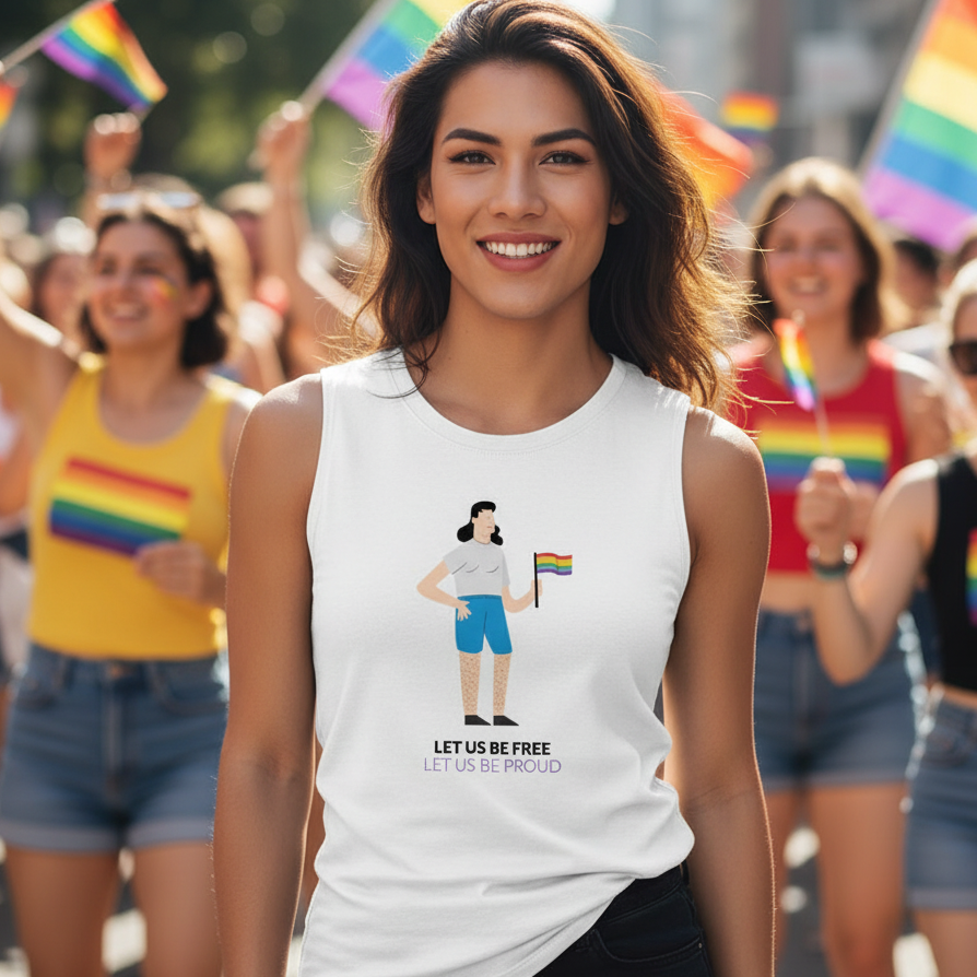 Muscle top with bold “LET US BE FREE LET US BE PROUD” slogan and rainbow flag graphic