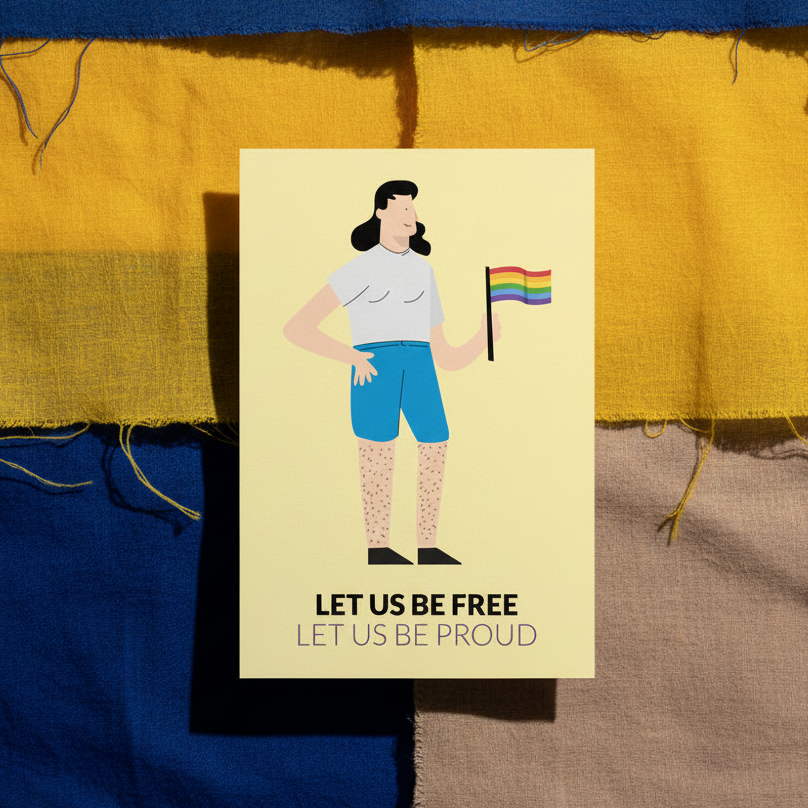 LGBTQ+ postcard with a rainbow pride flag, “LET US BE FREE LET US BE PROUD” text