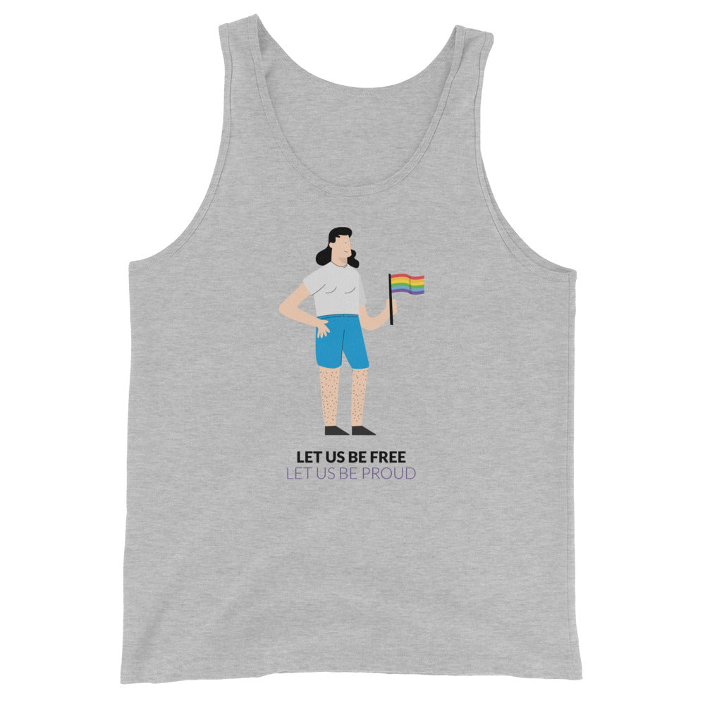 Front view of a gray tank top with a woman holding a rainbow flag and “LET US BE FREE LET US BE PROUD”