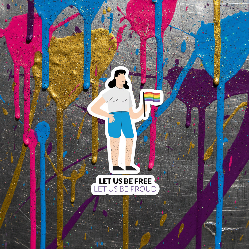 Bubble-free sticker showing a person with a rainbow pride flag, “LET US BE FREE, LET US BE PROUD,” on metallic-look pink