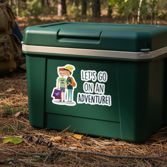 Green cooler with a "Let's Go On An Adventure Bubble-Free Sticker" showing two cartoon backpackers