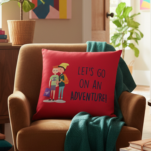 Lets Go On An Adventure Pillow with two cartoon friends, backpacks, and “LETS GO ON AN ADVENTURE!”