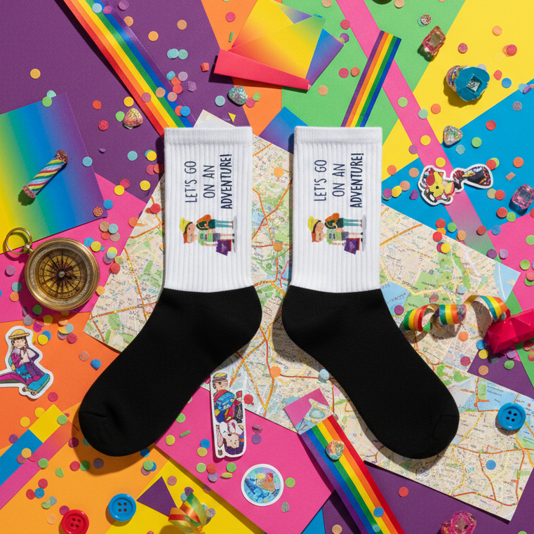 Lets Go On An Adventure Socks with cartoon characters, set on a rainbow-paper background with maps, confetti, buttons