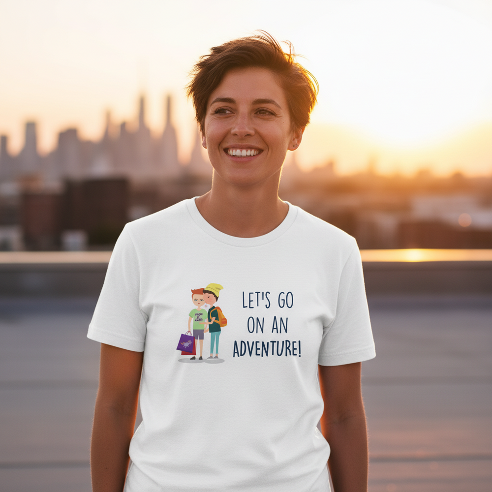 Unisex white graphic tee with "Let's Go on an Adventure" and two cartoon kids